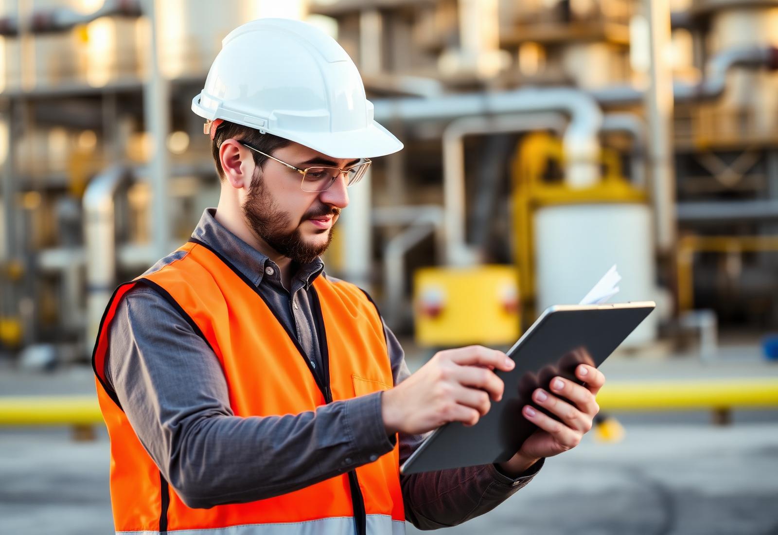 HSE consultant reviewing safety checklist at industrial site